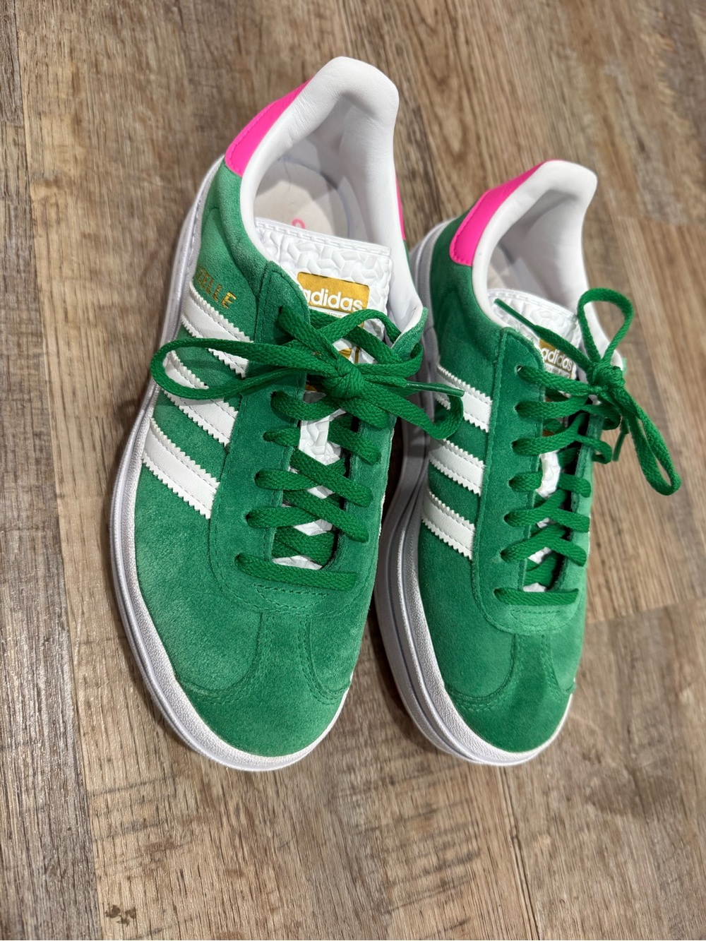 adidas Green Suede Sneakers with White Stripes and Pink Heel Tab